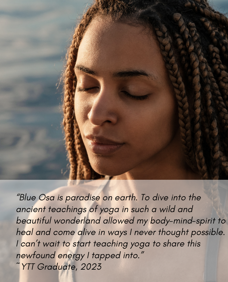 Woman meditating during Costa Rica yoga teacher training at Blue Osa beachfront